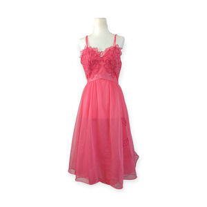 Vintage Midcentury LAROS bright pink a-line slip dress embellished SZ 34